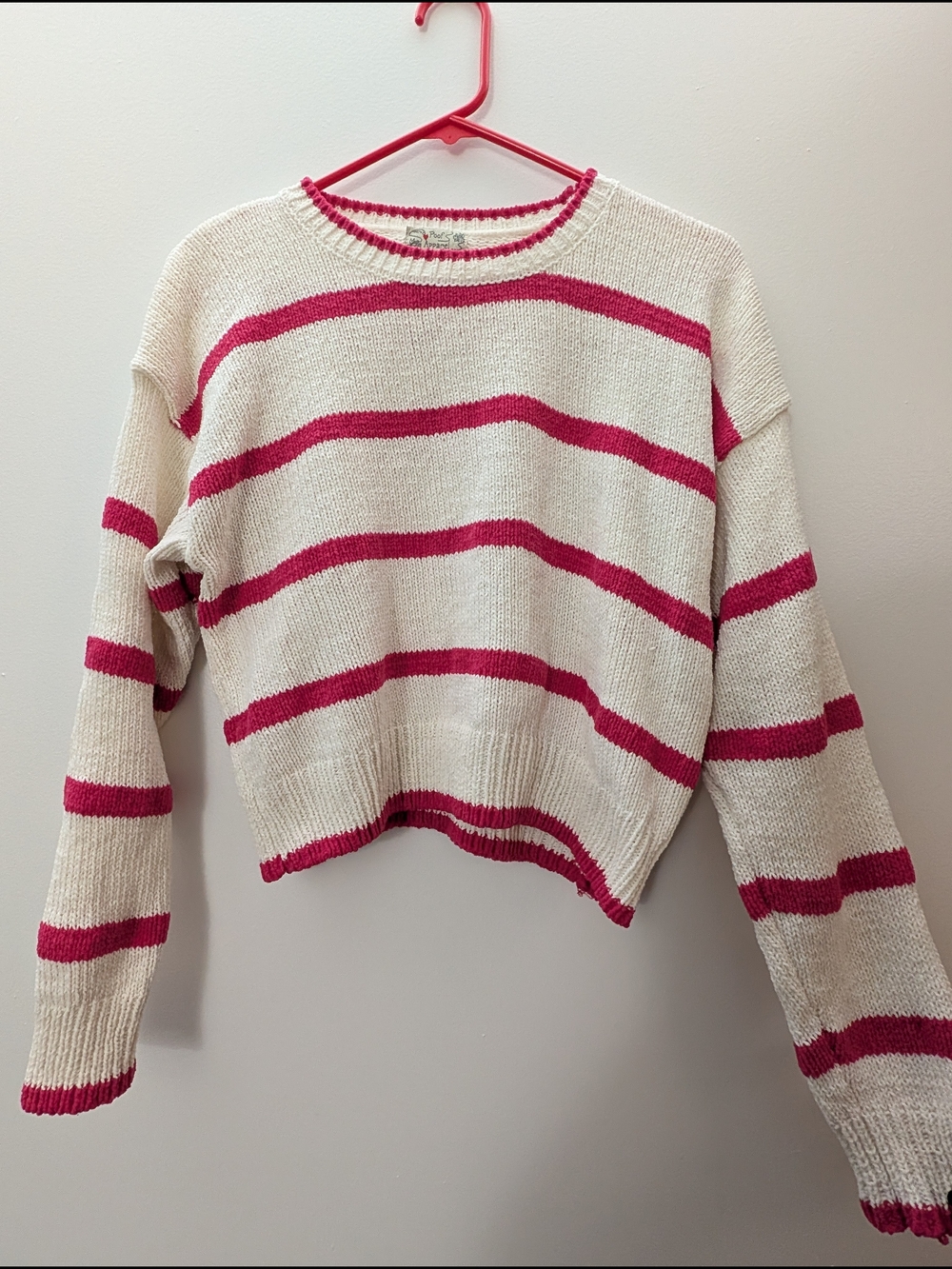 Cream and Pink Striped Crewneck Sweater
